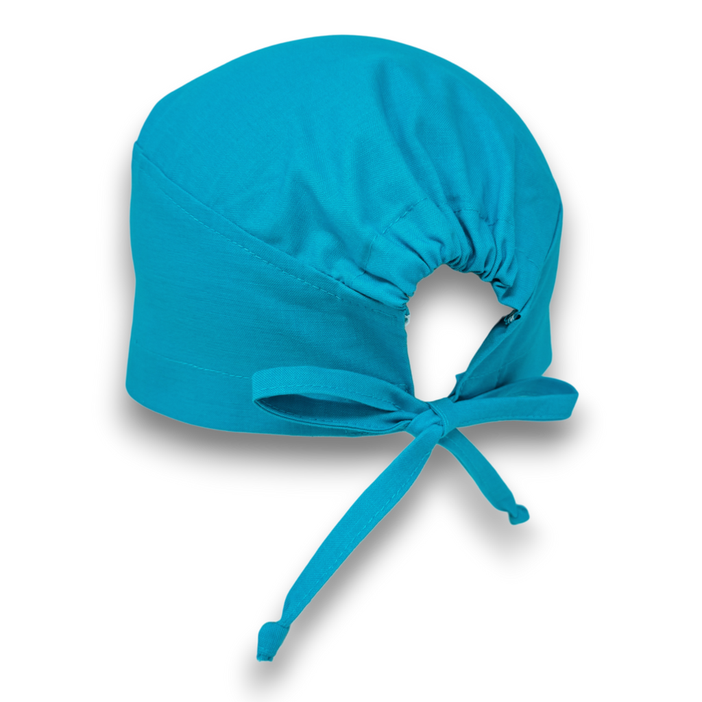 Solid blue Skull tie-back style surgical scrub cap by Paradise Caps.