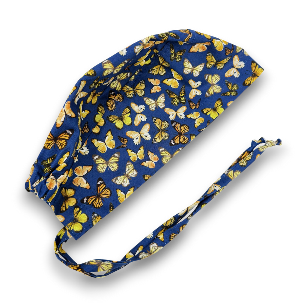 Yellow Butterfly Skull tie-back style surgical scrub cap for men by Paradise Caps.