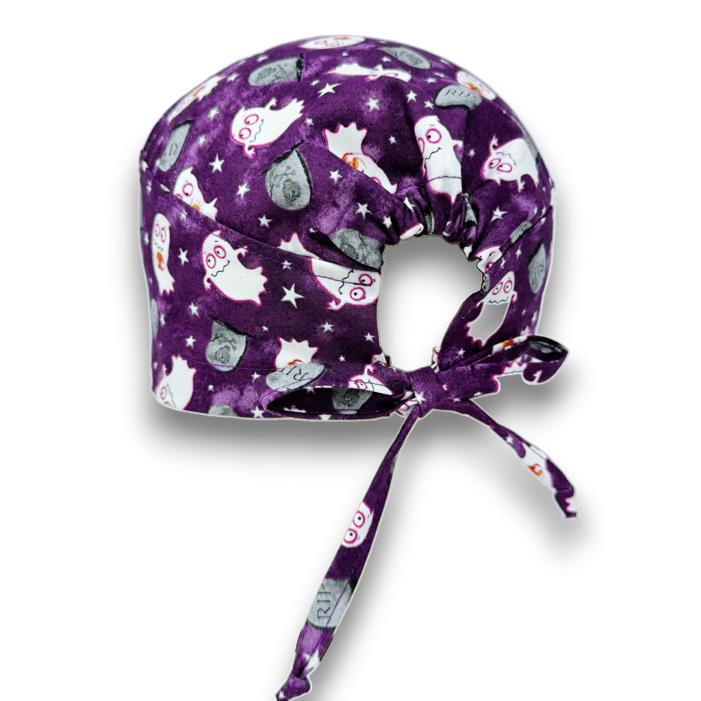 Glow Ghost surgical cap. Halloween skull tie-back style scrub cap with satin lined option by Paradise Caps.