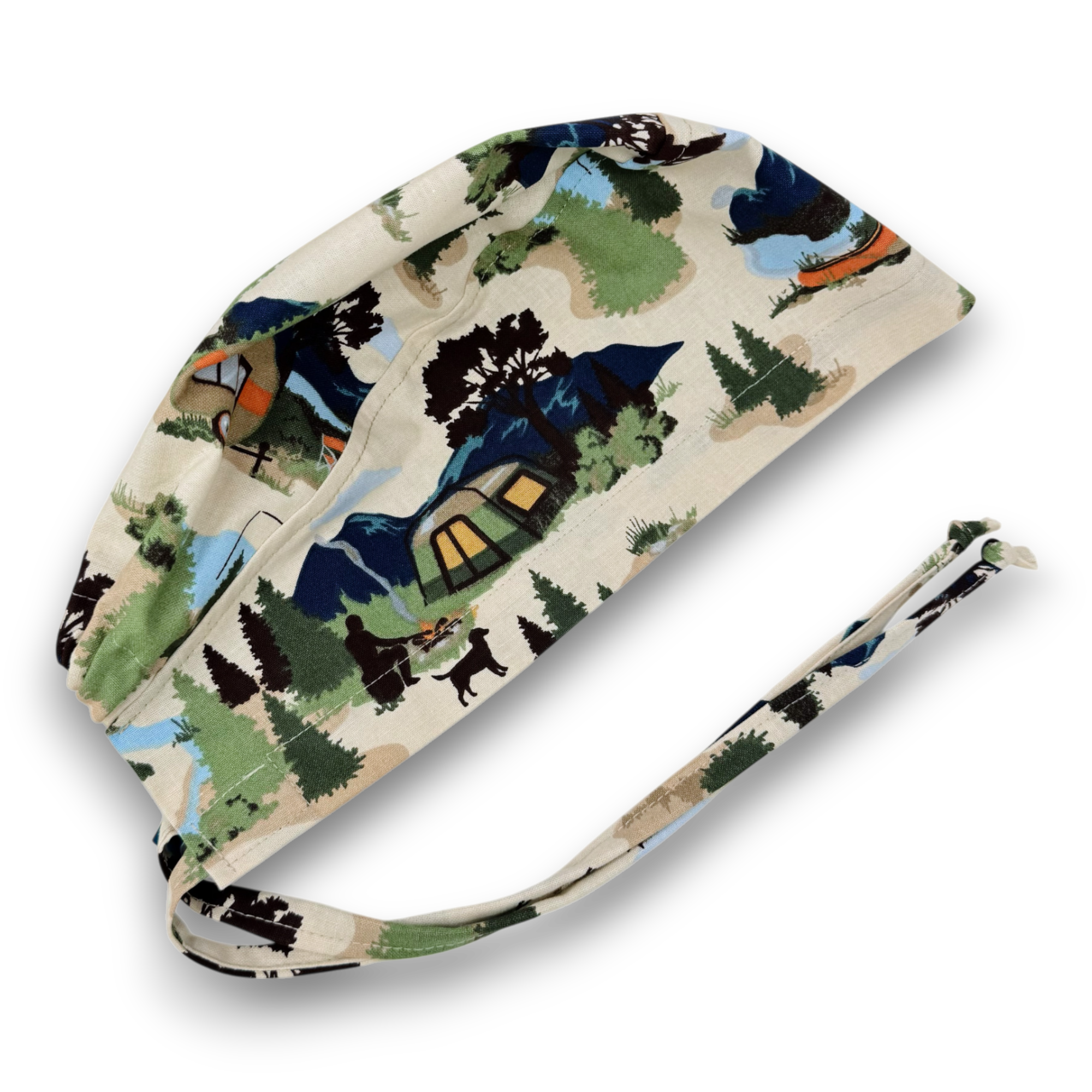 Camping Skull tie-back style surgical scrub cap for men by Paradise Caps.