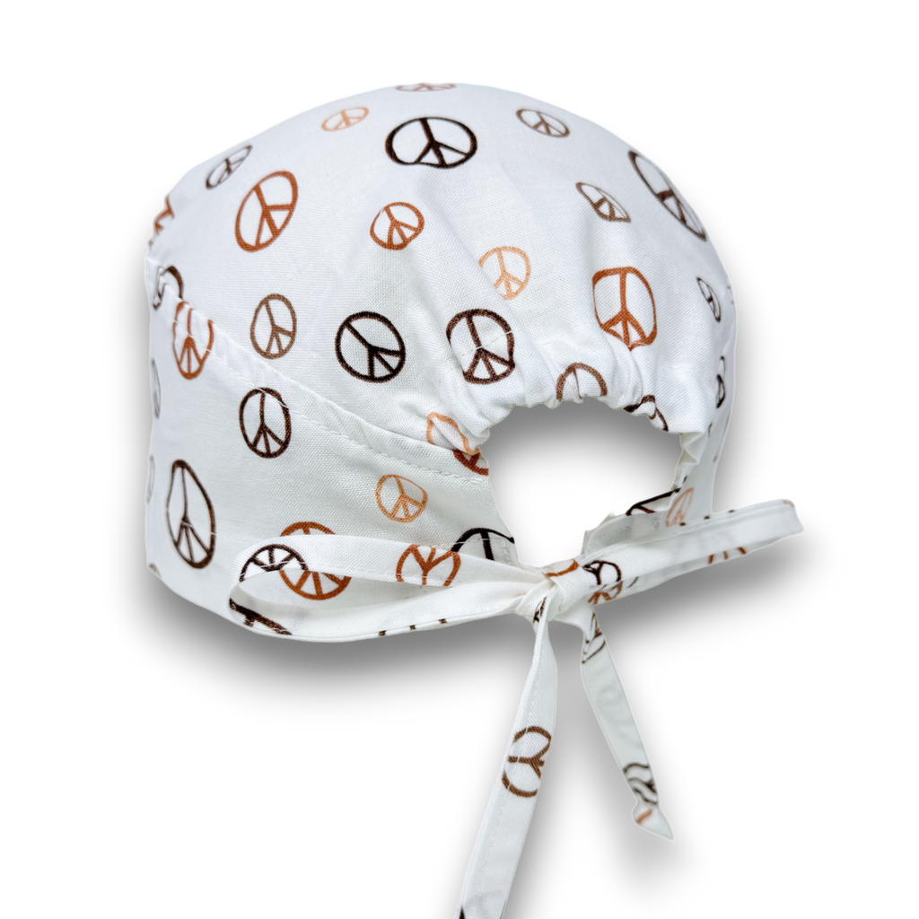 Peace Skull tie-back style surgical scrub cap for men by Paradise Caps.