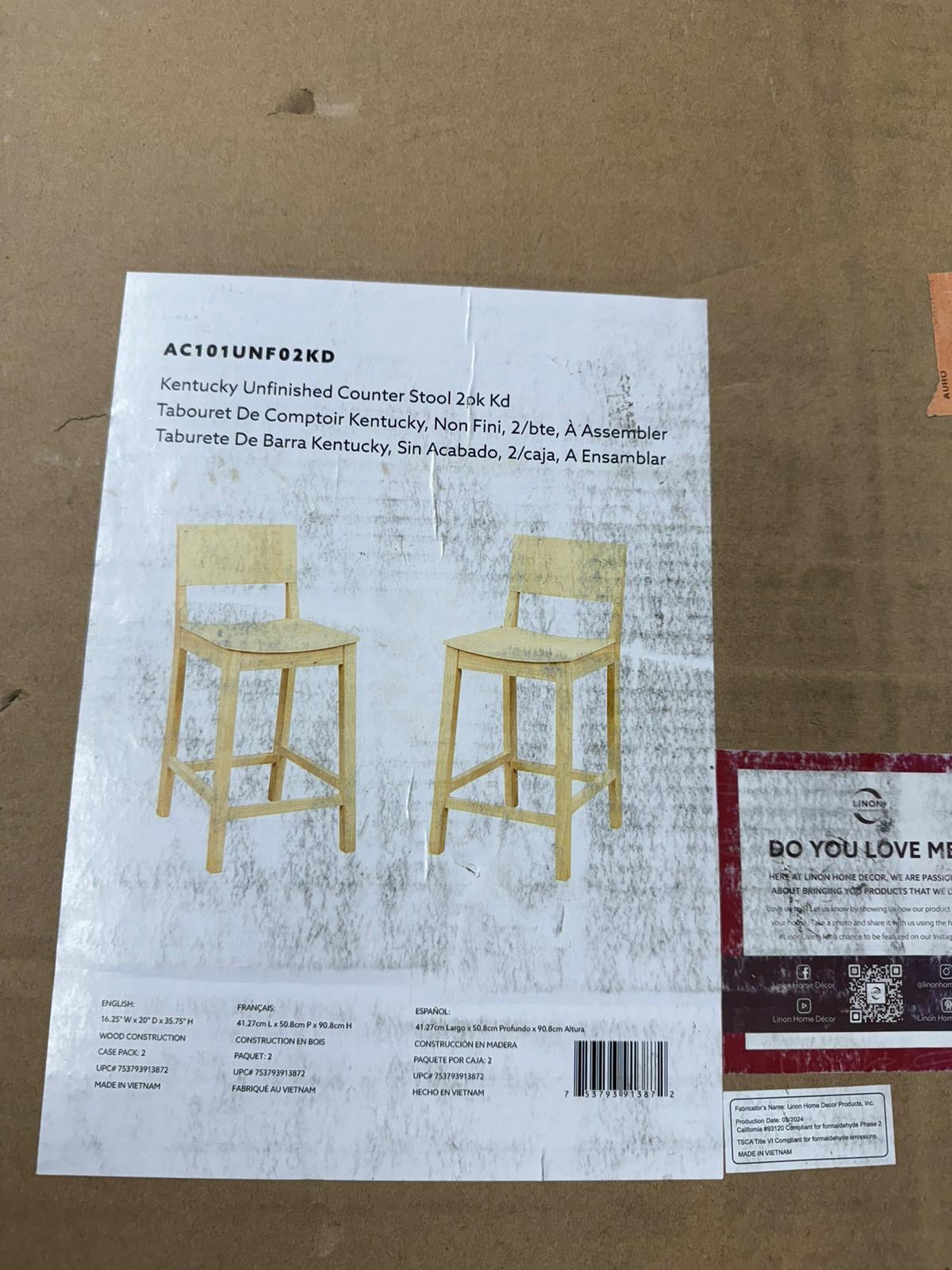 LINON HOME DECOR - DEVIN COUNTER STOOL UNFINISHED (SET OF 2) - CS279UNF02KD