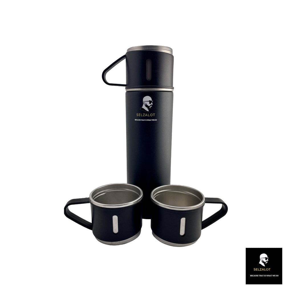 SELZALOT Stainless Steel Vacuum Flask Set, 500ML Gift Set, Black, Thickened Food Grade 304 Stainless Steel, Durable Insulation, Ergonomic Design, with 3 Cups