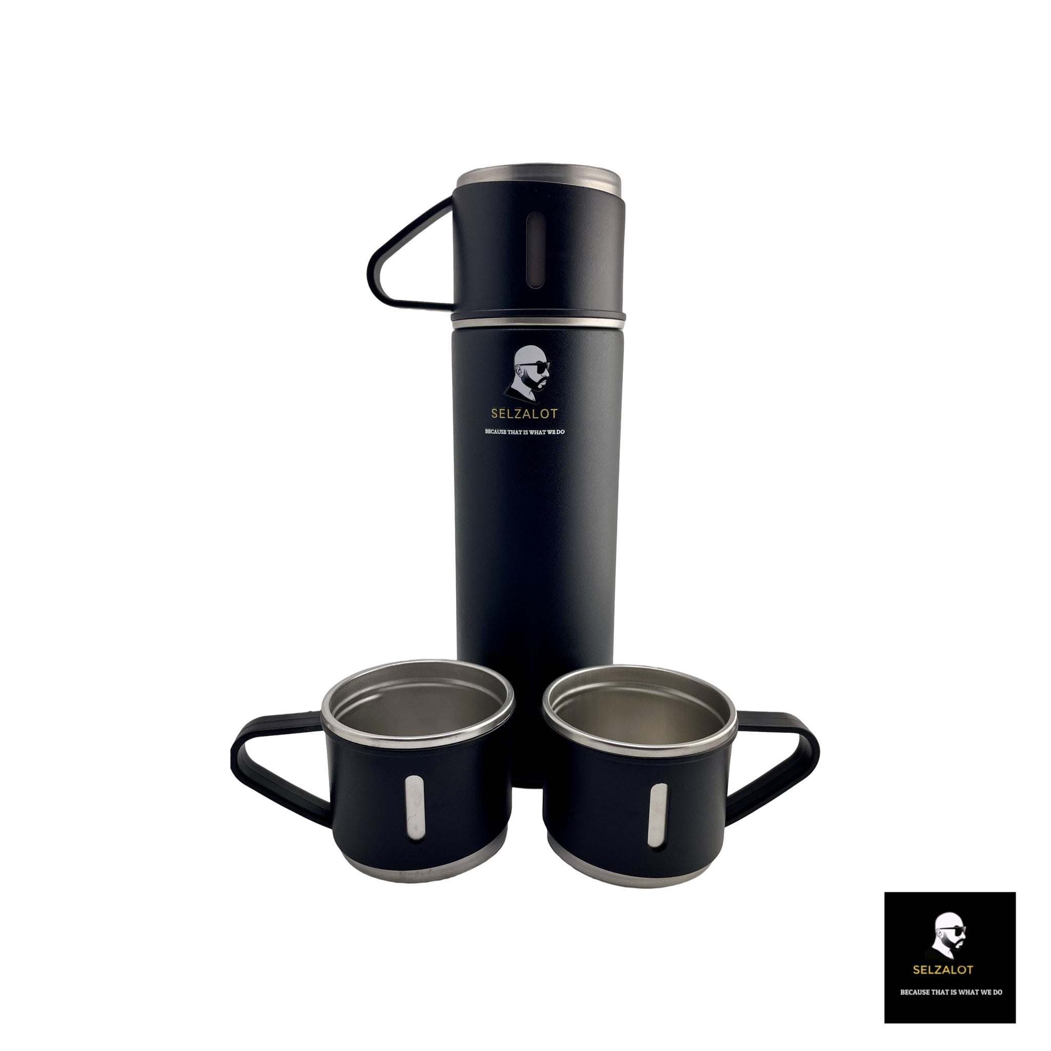 SELZALOT Stainless Steel Vacuum Flask Set, 500ML Gift Set, Black, Thickened Food Grade 304 Stainless Steel, Durable Insulation, Ergonomic Design, with 3 Cups