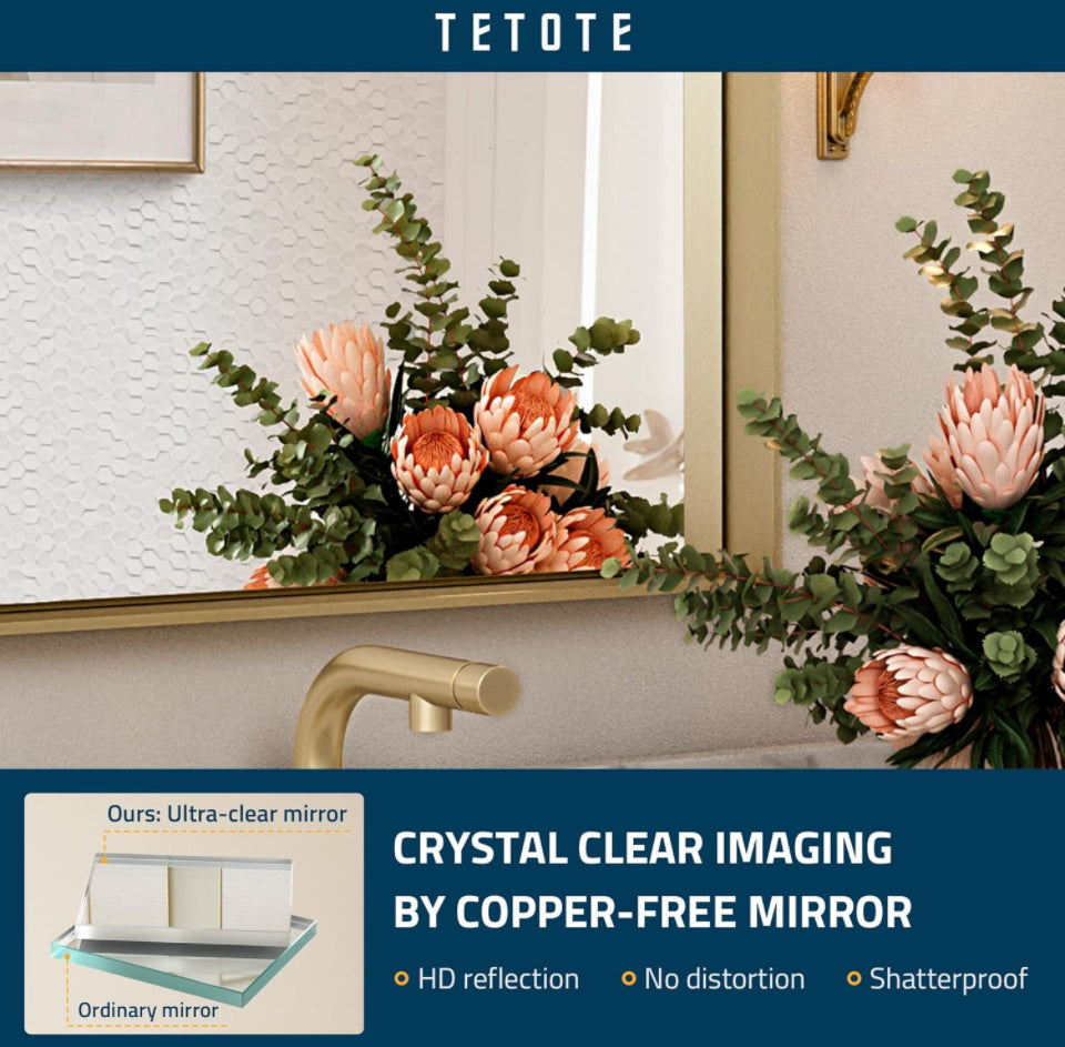 TETOTE Brushed Gold Bathroom Mirror 24 x 36 Inch Rectangle Gold Metal Framed Bathroom Vanity Mirror, Modern Farmhouse Rectangular Brass Frame Large Wa
