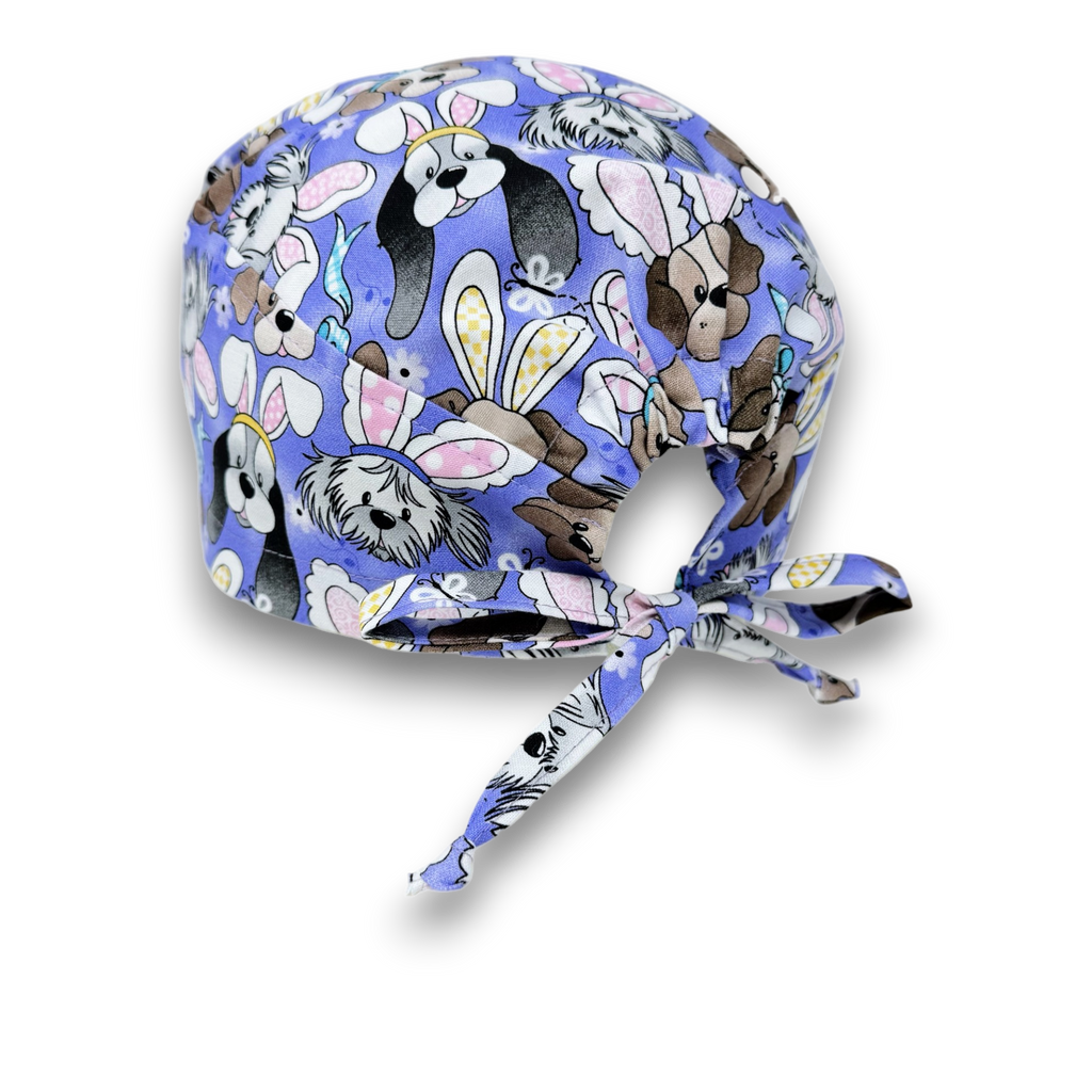 Men's surgical scrub cap. Easter Bunny & Puppy skull tie-back style scrub cap by Paradise Caps.