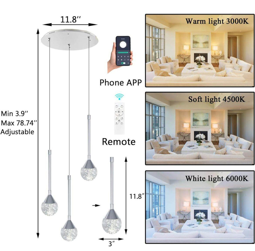 HAIXIANG Mini Chandeliers 3-Lights Modern Chrome Light Pendant Lights