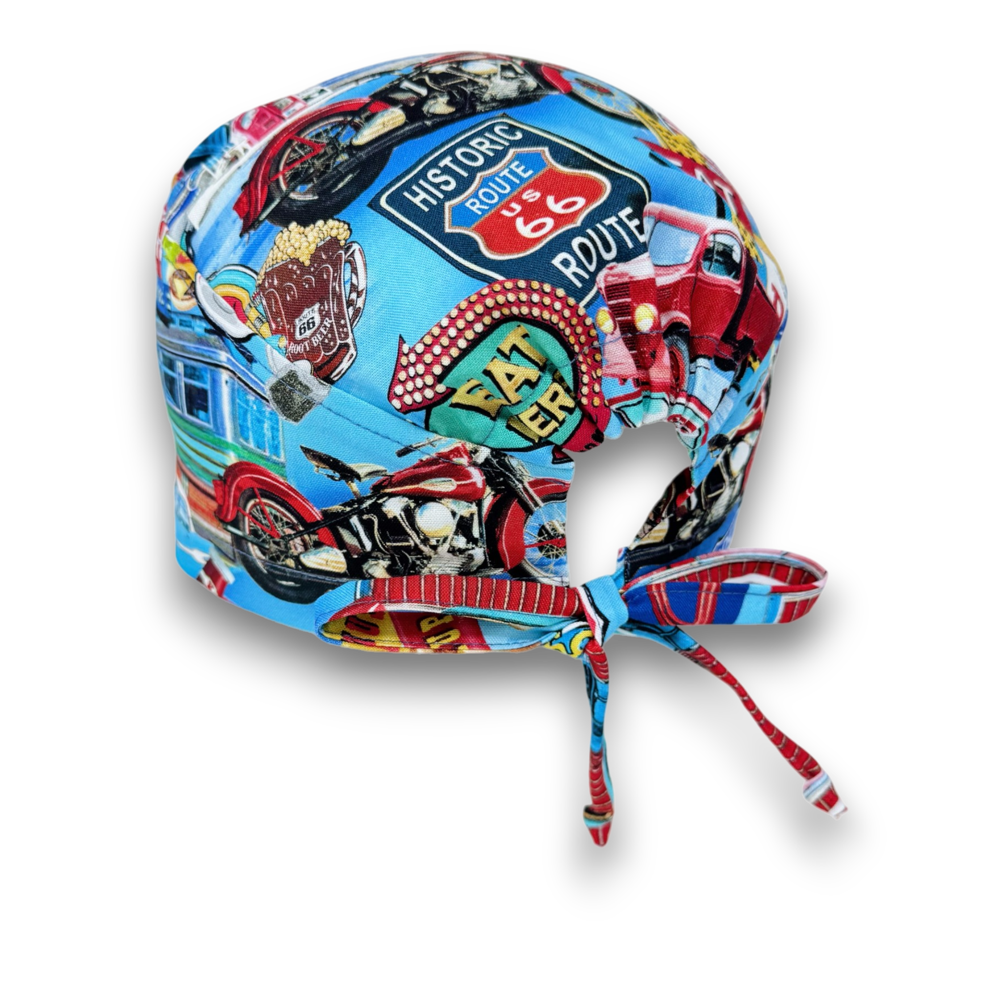 Men's surgical scrub cap. Route 66 Retro Diner satin lined option skull tie-back style scrub hat by Paradise Caps.