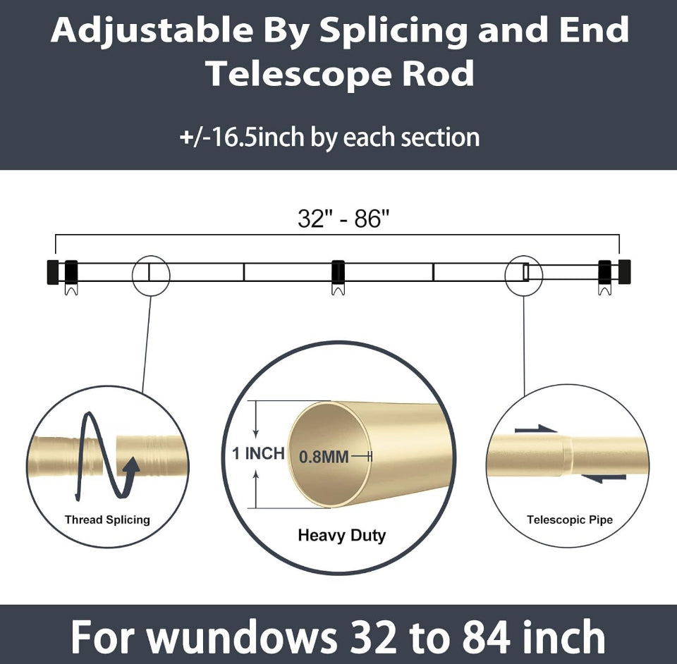 Zeerobee Curtain Rods for Windows 48 to 84, 1 Inch Gold Curtain Rod Set, Heavy Duty Drapery Rods with Adjustable Curtain Rods, Outdoor Modern Curtain