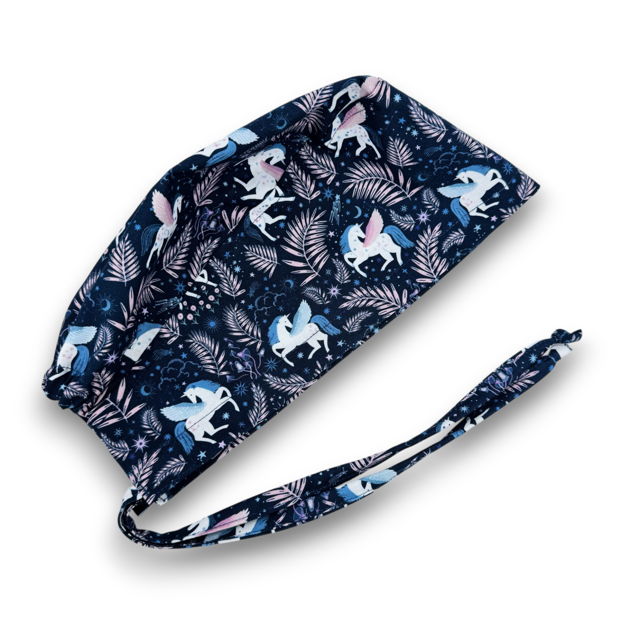 Men's surgical scrub cap. Unicorn skull tie-back style scrub cap by Paradise Caps. Navy.