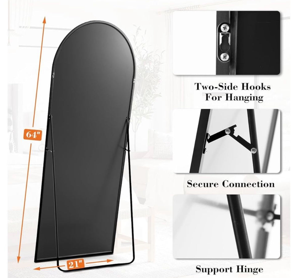 DUMOS Arched Full Length Mirror with Stand 64"x21" Floor Standing Aluminum Frame for Bedroom Body Hanging Leaning Modern Simple Home Decor Shatter-pro