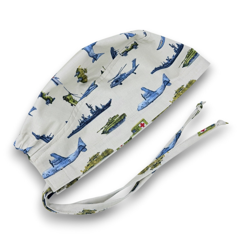 Military Aircraft Skull tie-back style surgical scrub cap for men by Paradise Caps.