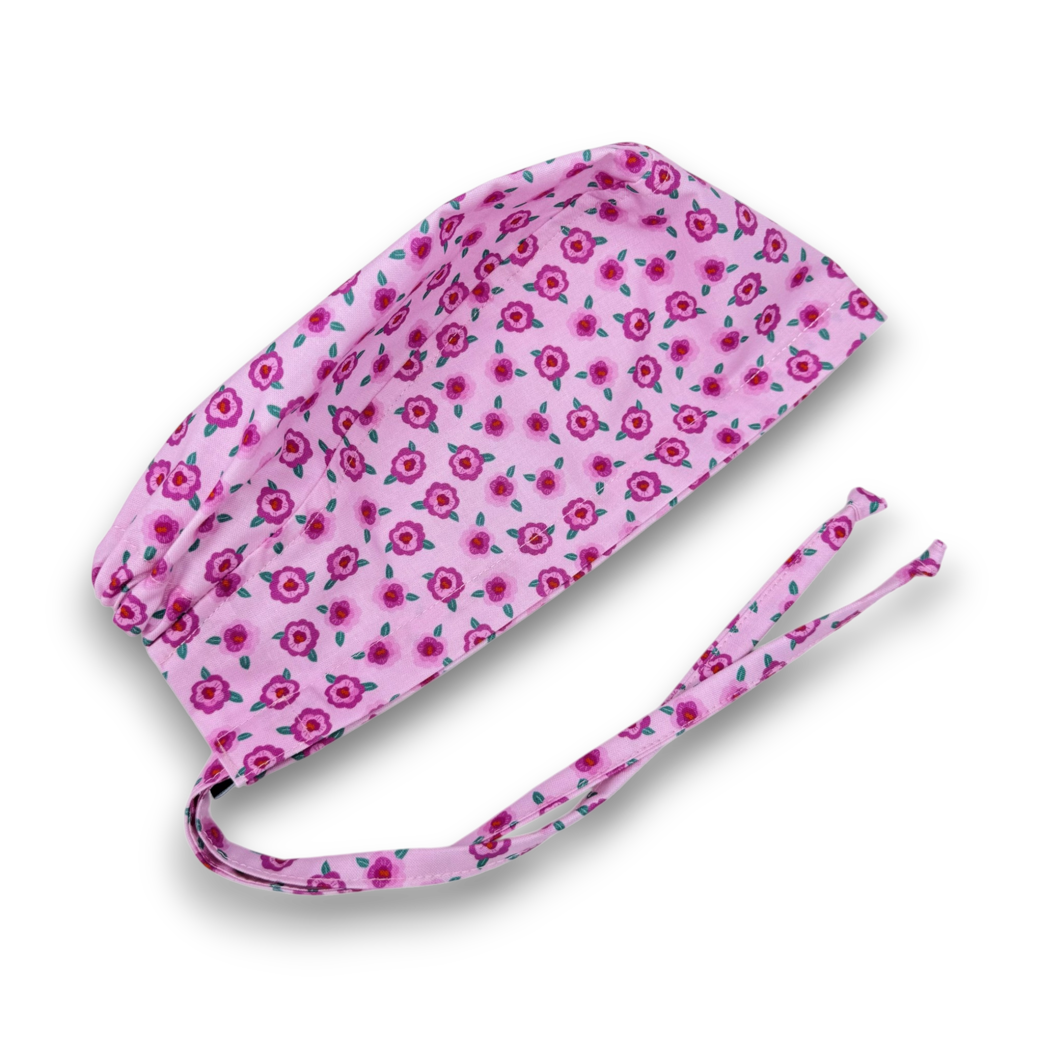 Pink Floral Skull tie-back style surgical scrub cap by Paradise Caps.