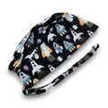 Men's surgical scrub cap. Black Space Rocket Print skull tie-back style scrub hat by Paradise Caps.