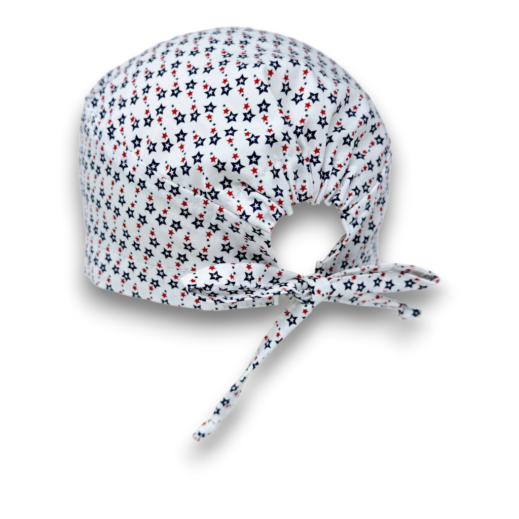 4th of July Men's surgical cap. Star satin lined skull tie-back style scrub cap by Paradise Caps.