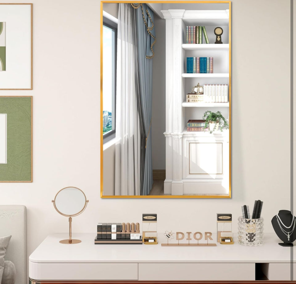 FANYUSHOW Rectangular Wall Mirror with Gold Metal Frame, 24X36 Inch Rectangle Mirror, Gold Bathroom Vanity Mirror Farmhouse, Anti-Rust, Tempered Glass