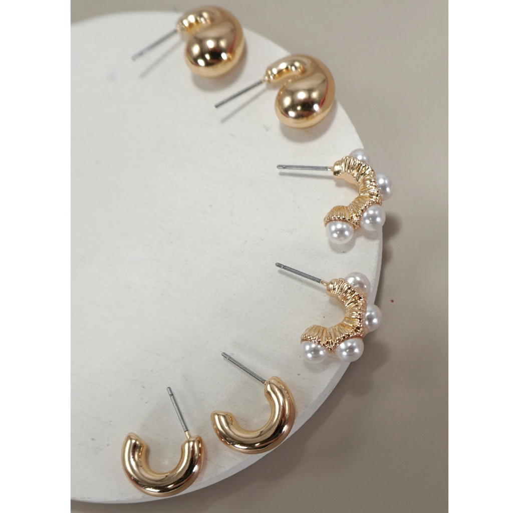 Trio Huggie Pearl Gold Hoop Earring Set