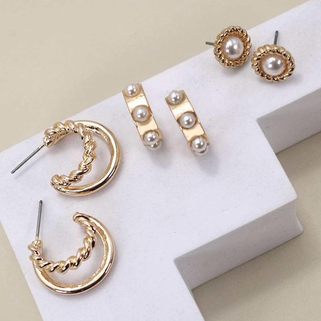Gold Pearl Hoop Stud Trio