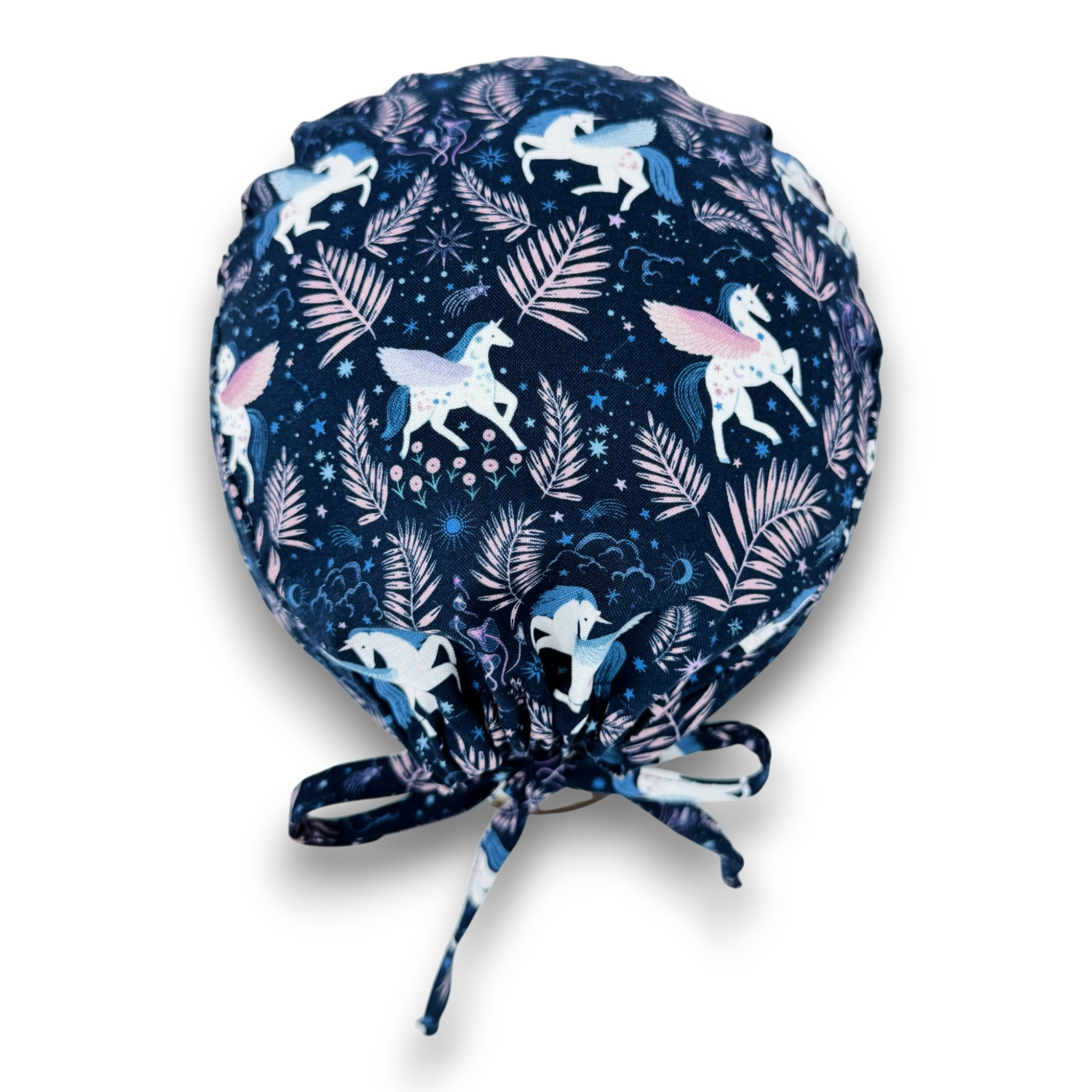 Men's surgical scrub cap. Unicorn skull tie-back style scrub cap by Paradise Caps. Navy.