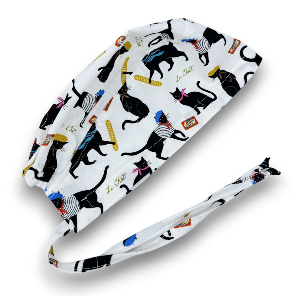 Surgical scrub cap for men. Parisian Cat tie back scrub hat by Paradise Caps.