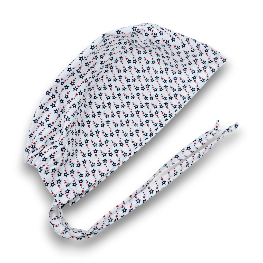 4th of July Men's surgical cap. Star satin lined skull tie-back style scrub cap by Paradise Caps.