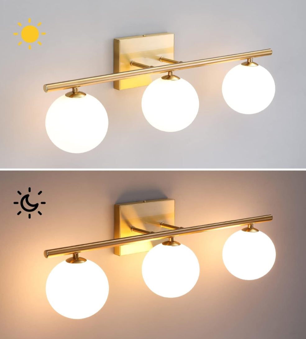 Gold Bathroom Vanity Light Fixtures,3 Lights Brass Milk White Globe
