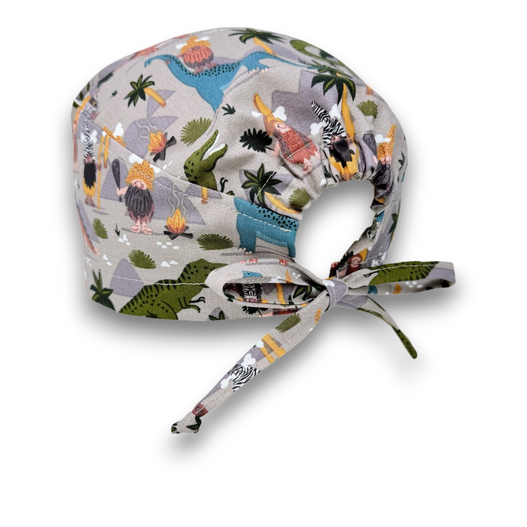 Men's surgical scrub cap. Safari Dino skull tie-back style scrub cap by Paradise Caps.