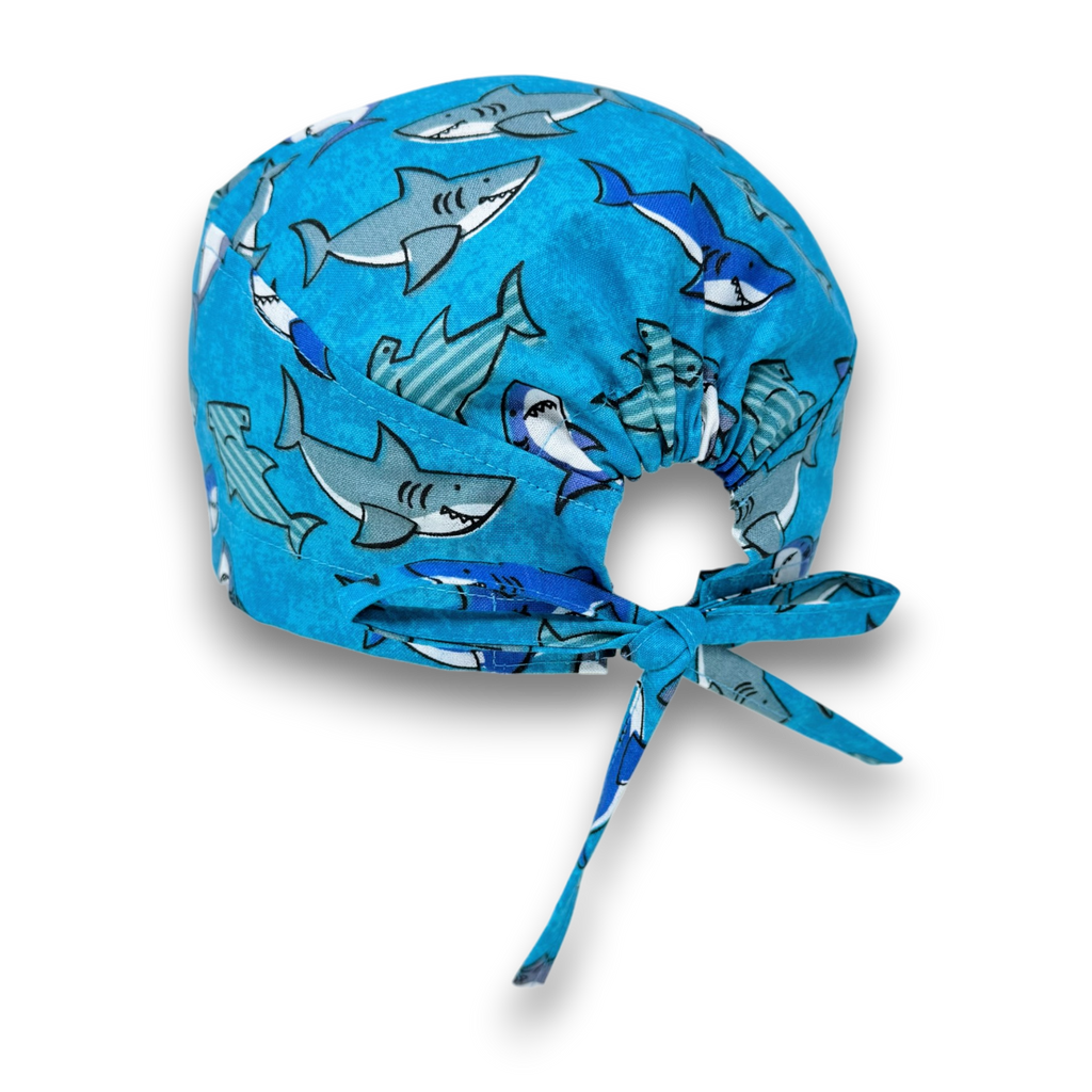 Surgical scrub cap for men. Shark Print tie back scrub hat by Paradise Caps.