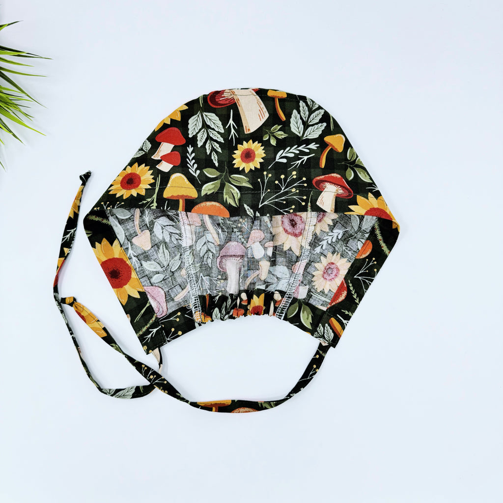 Fall flower Skull tie-back style surgical scrub cap for men by Paradise Caps.