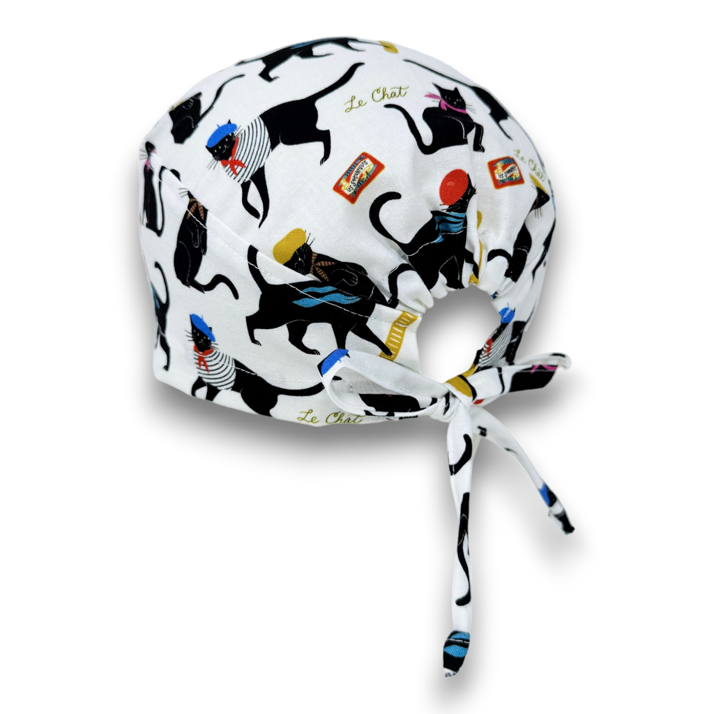 Surgical scrub cap for men. Parisian Cat tie back scrub hat by Paradise Caps.