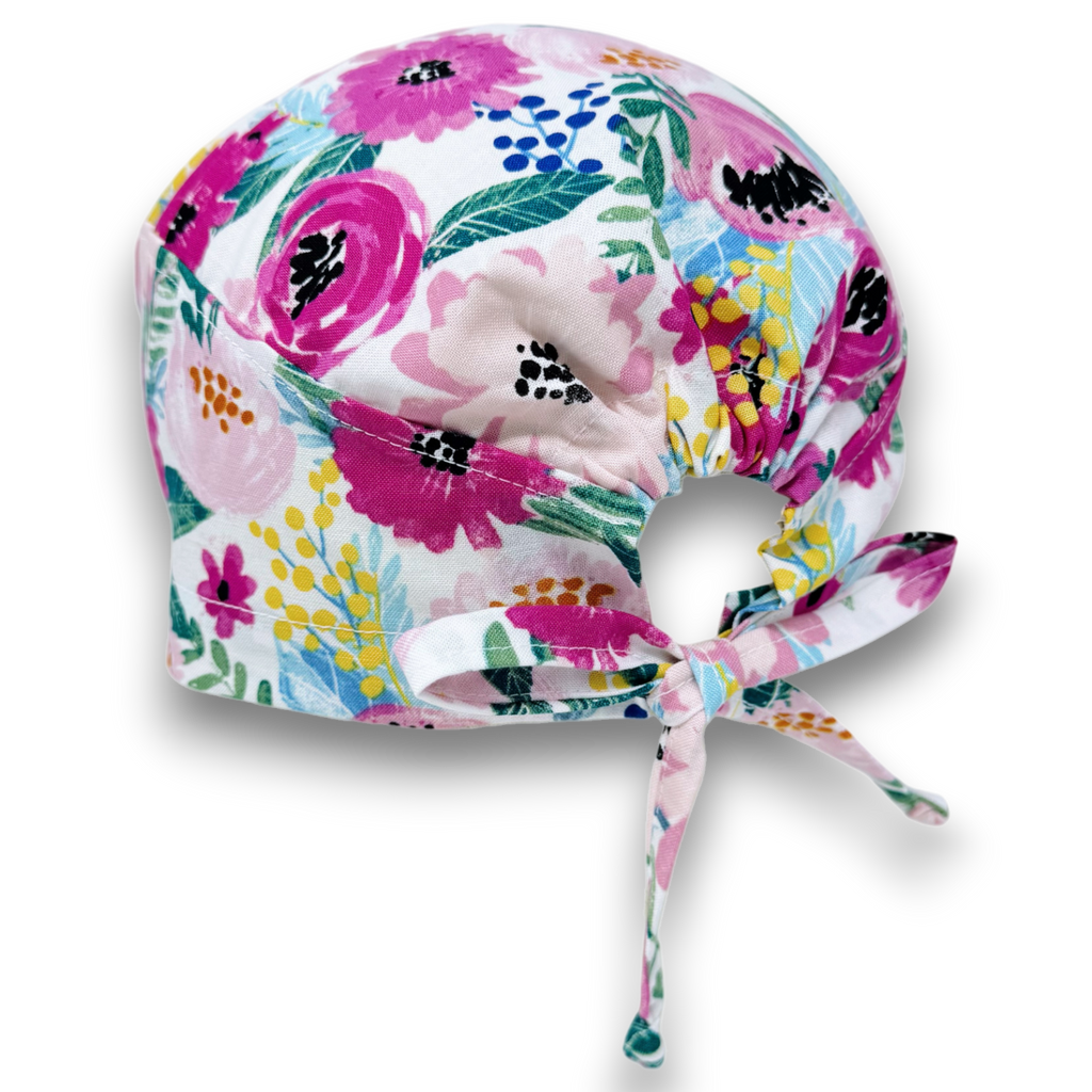 Floral Skull tie-back style surgical scrub cap by Paradise Caps.