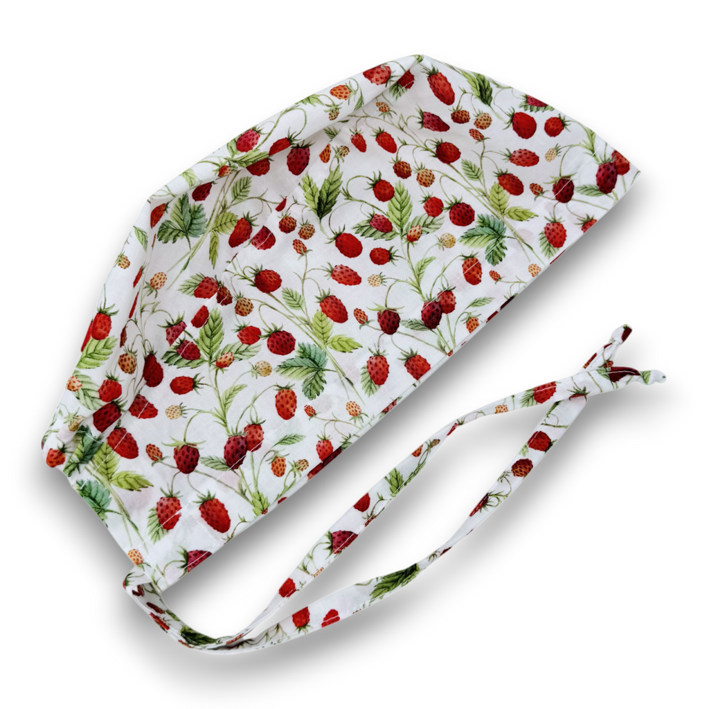 Strawberry Skull tie-back style surgical scrub cap by Paradise Caps.