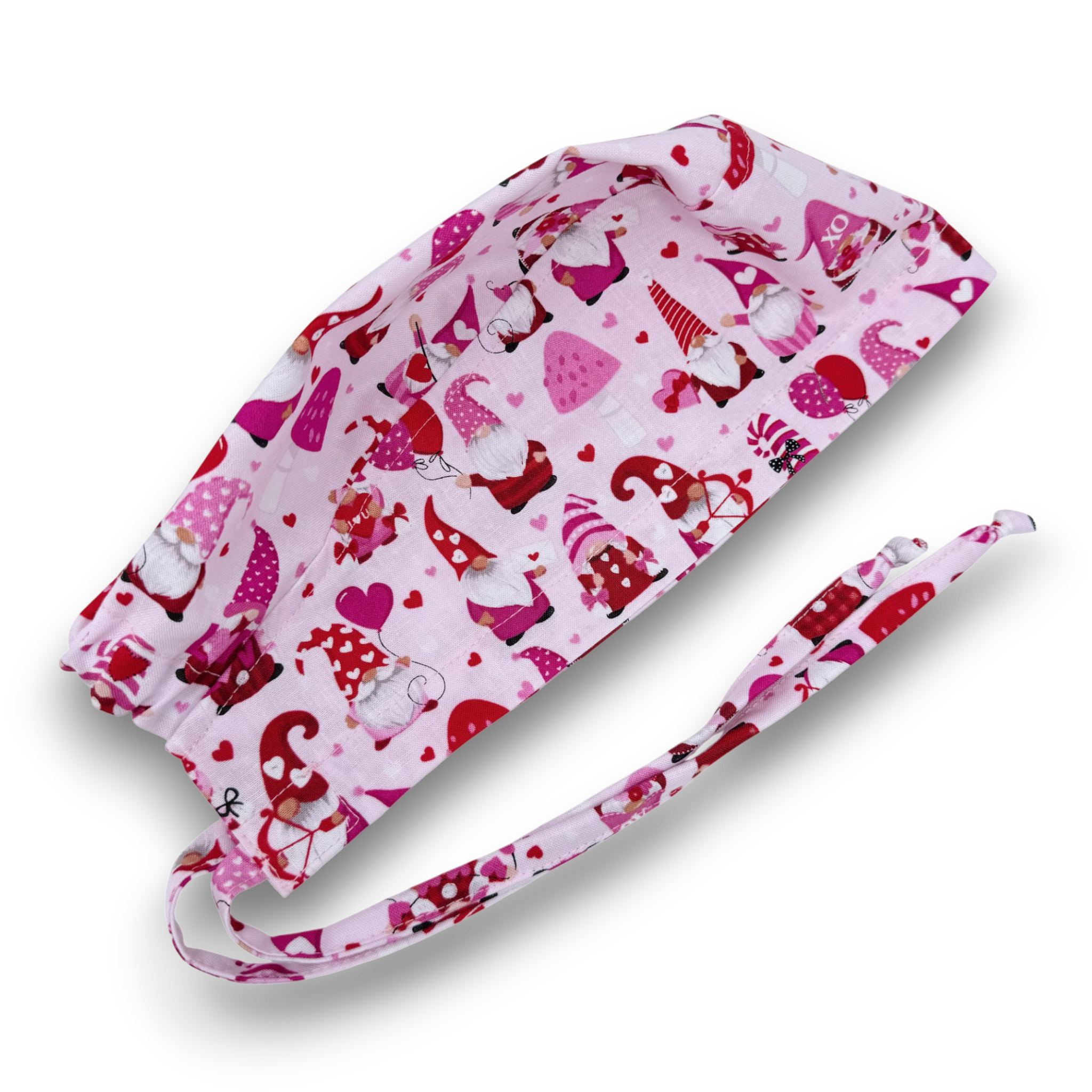 Men's surgical scrub cap. Valentine's day gnomes skull tie-back style scrub hat by Paradise Caps.