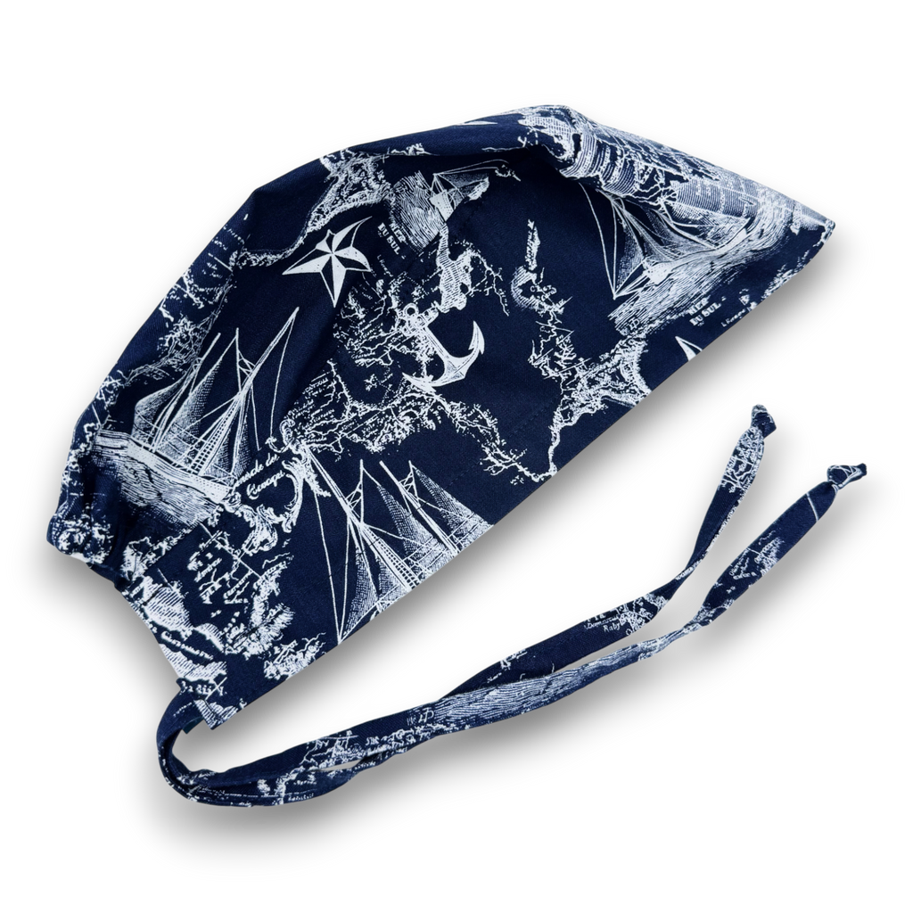 Ocean Cartography Skull tie-back style surgical scrub cap for men by Paradise Caps.