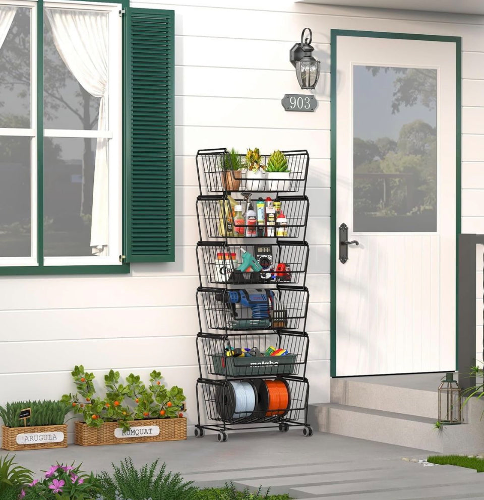 Open box PUSDON Stackable Metal Storage Carts, Dual Use Shelf for Kitchen Fruit Vegetable Baskets with Wheels, Storage Rack for Living Room, Home & Of