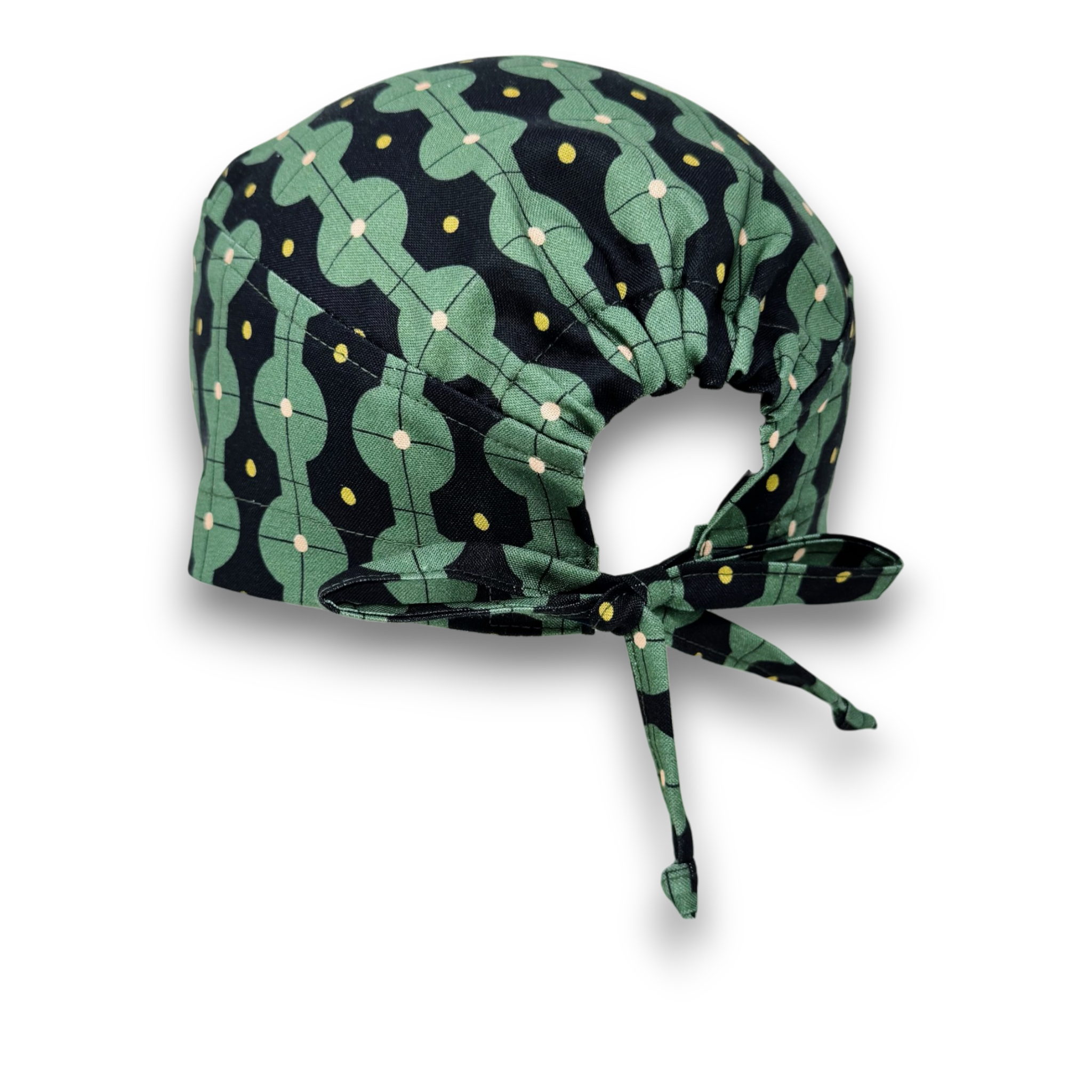 Men's surgical scrub cap. Green Geometric skull tie-back style scrub hat by Paradise Caps.