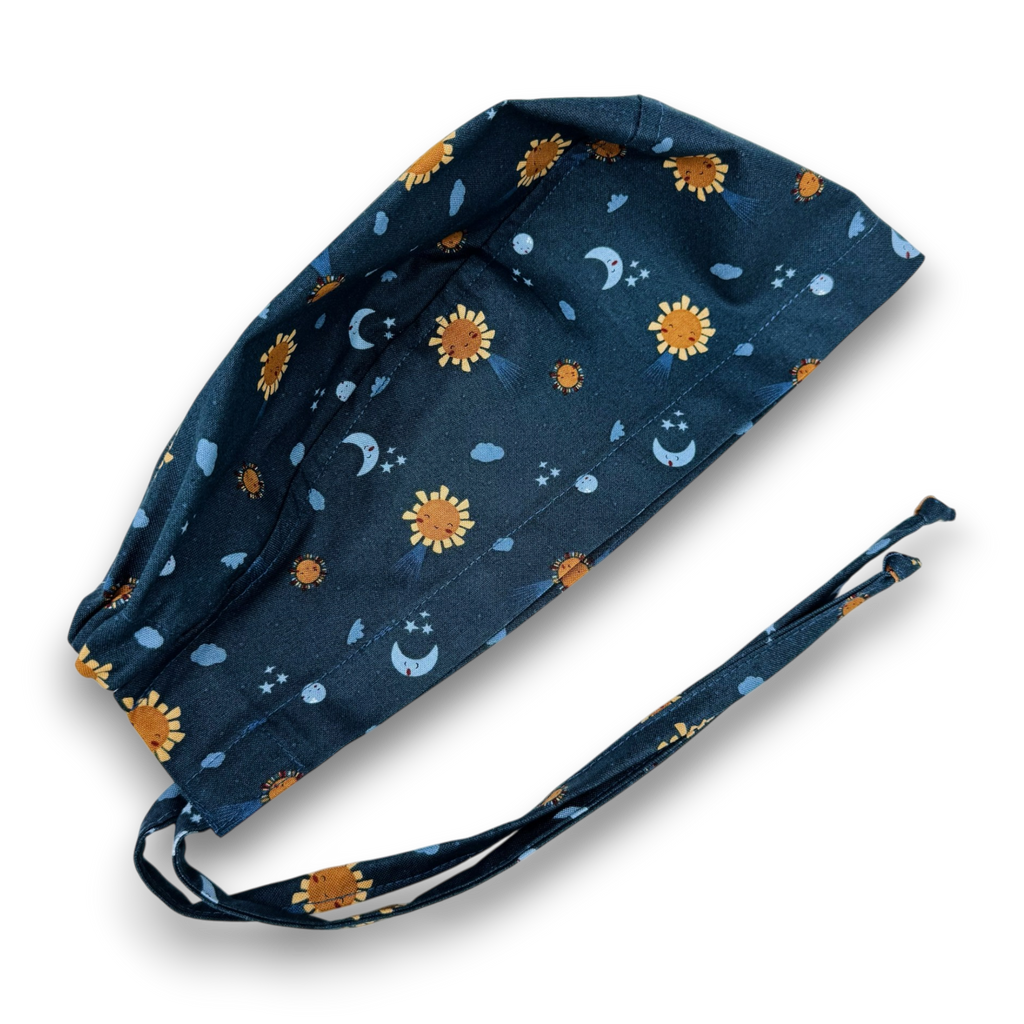 Space Surgical cap for men. Sun Moon Stars tie back scrub hat by Paradise Caps.