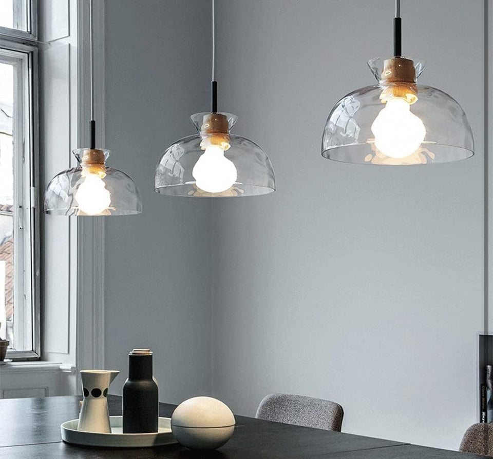 Open Box LTBFDDC Farmhouse Small Pendant Lights Kitchen Island, Adjustable Height Hanging Ceiling Lamp Handblown Glass Dome Clear Hammered Shade For D
