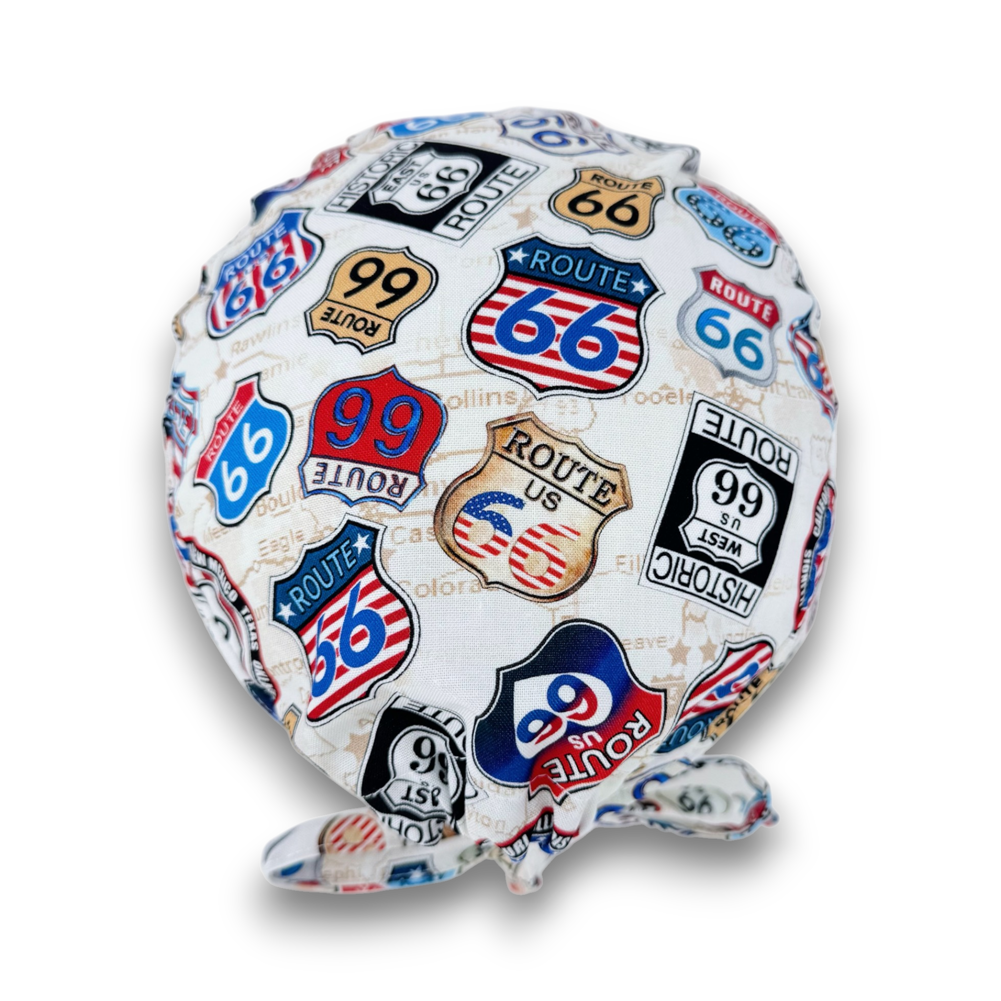 Men's surgical scrub cap. Vintage Route 66 satin lined option skull tie-back style scrub hat by Paradise Caps.