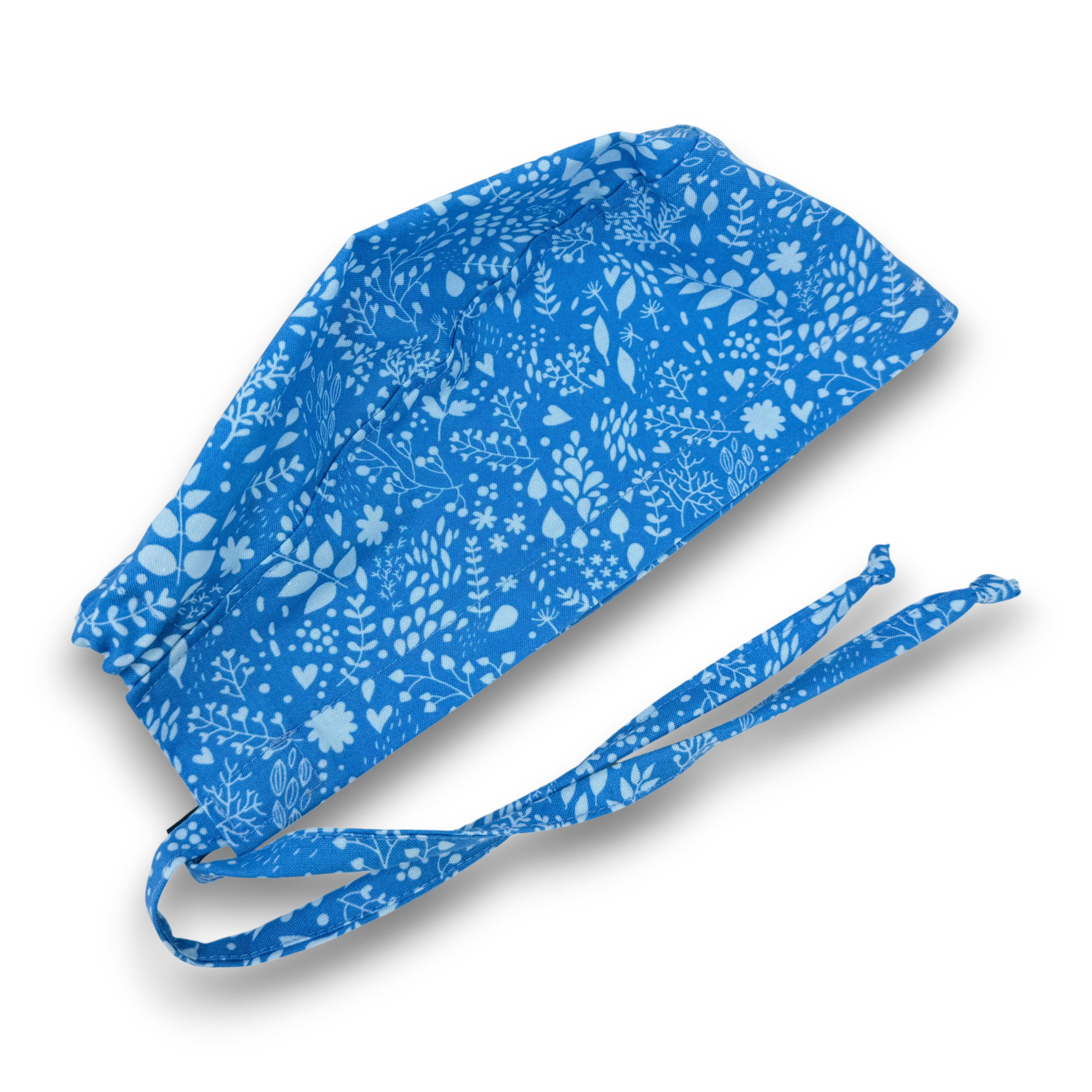 Calm Blue Floral Skull tie-back style surgical scrub cap by Paradise Caps.