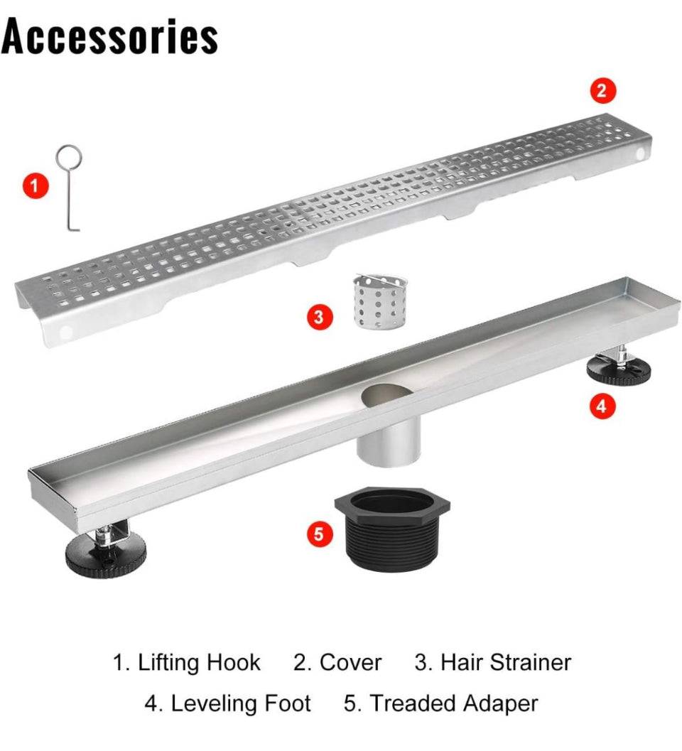 SaniteModar Linear Shower Drain, Shower Drain 60 inch with Removable Square Hole Panel, AISI Brushed 304 Stainless Steel Shower Floor Linear Drain wit