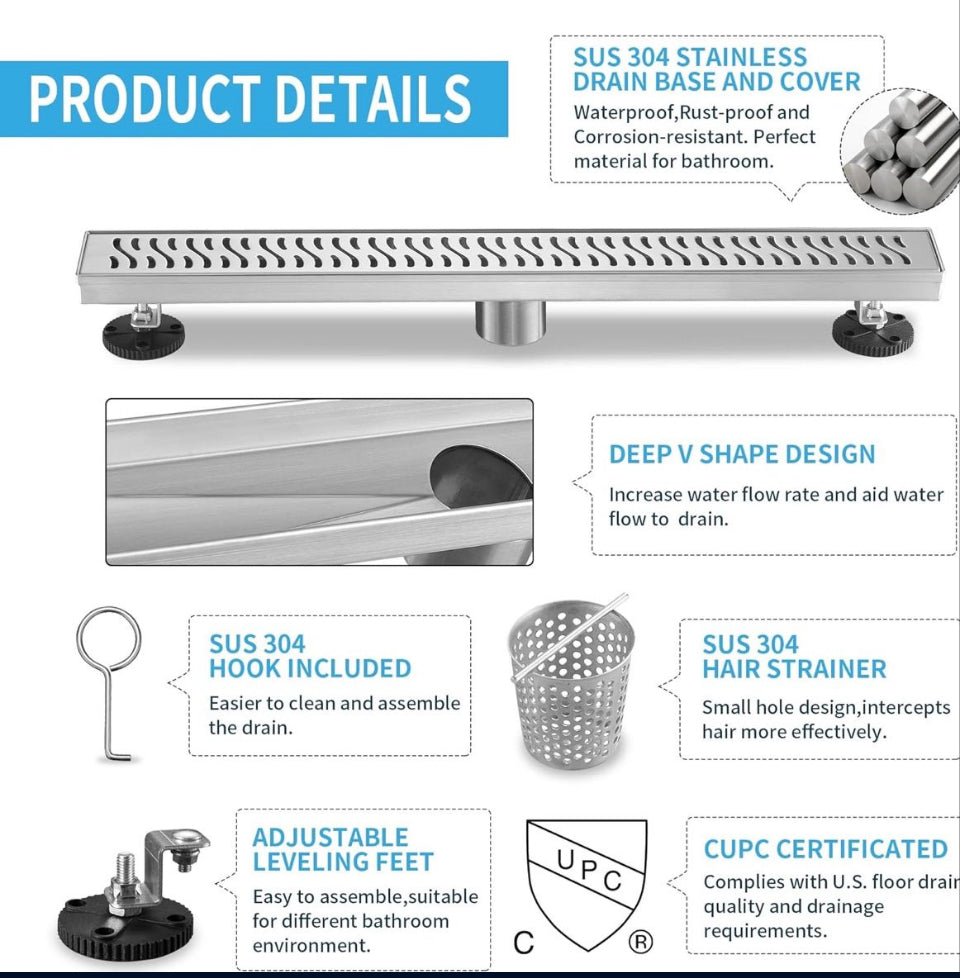 Open Box Linear Shower Drain 36 inch, Floor Drain with Removable Pattern Grate, 304 Stainless Steel Rectangular Linear Drain with Hair Strainer, CUPC