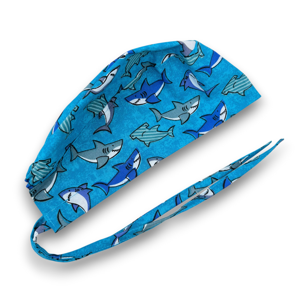 Surgical scrub cap for men. Shark Print tie back scrub hat by Paradise Caps.
