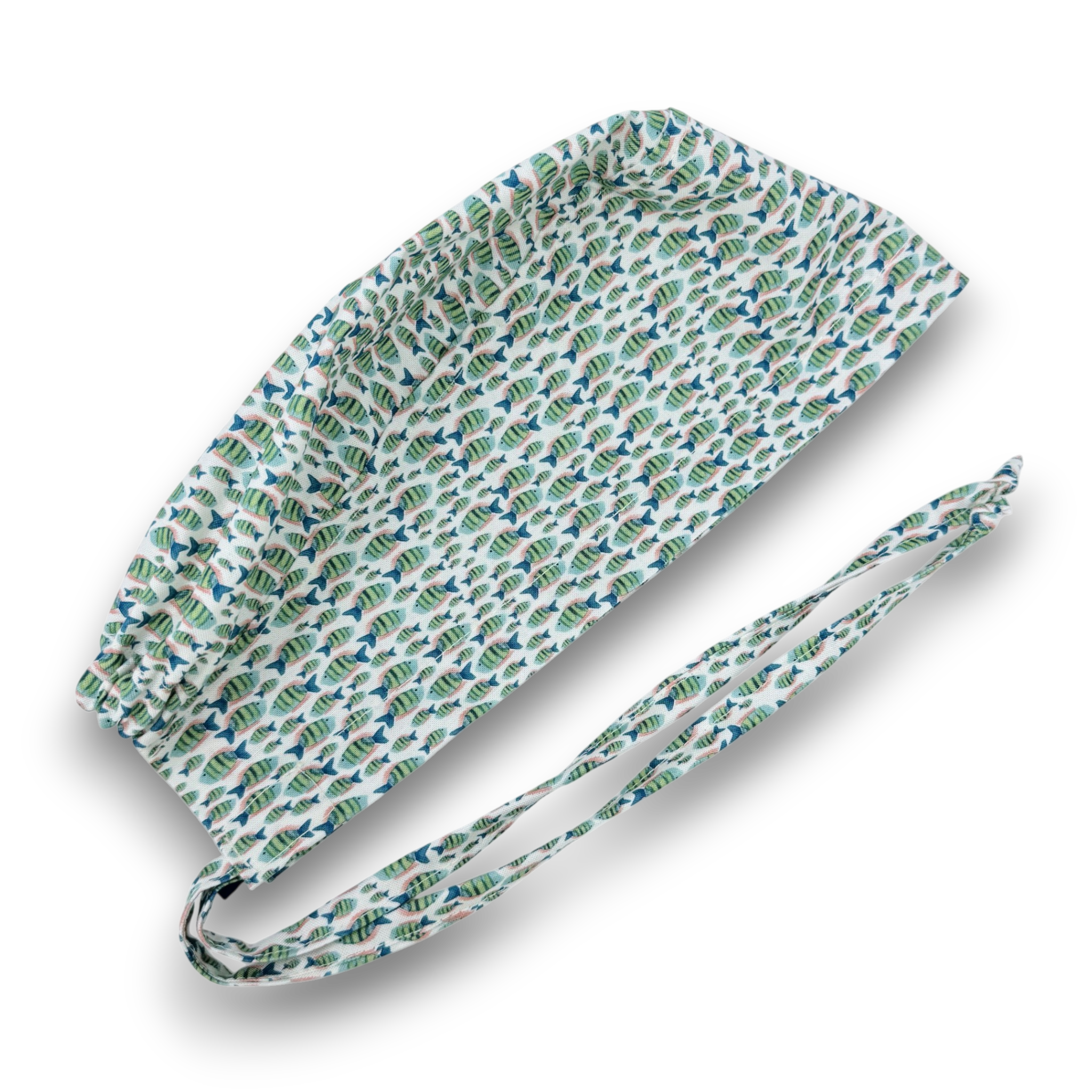 Fish Print Skull tie-back style surgical scrub cap for men by Paradise Caps.