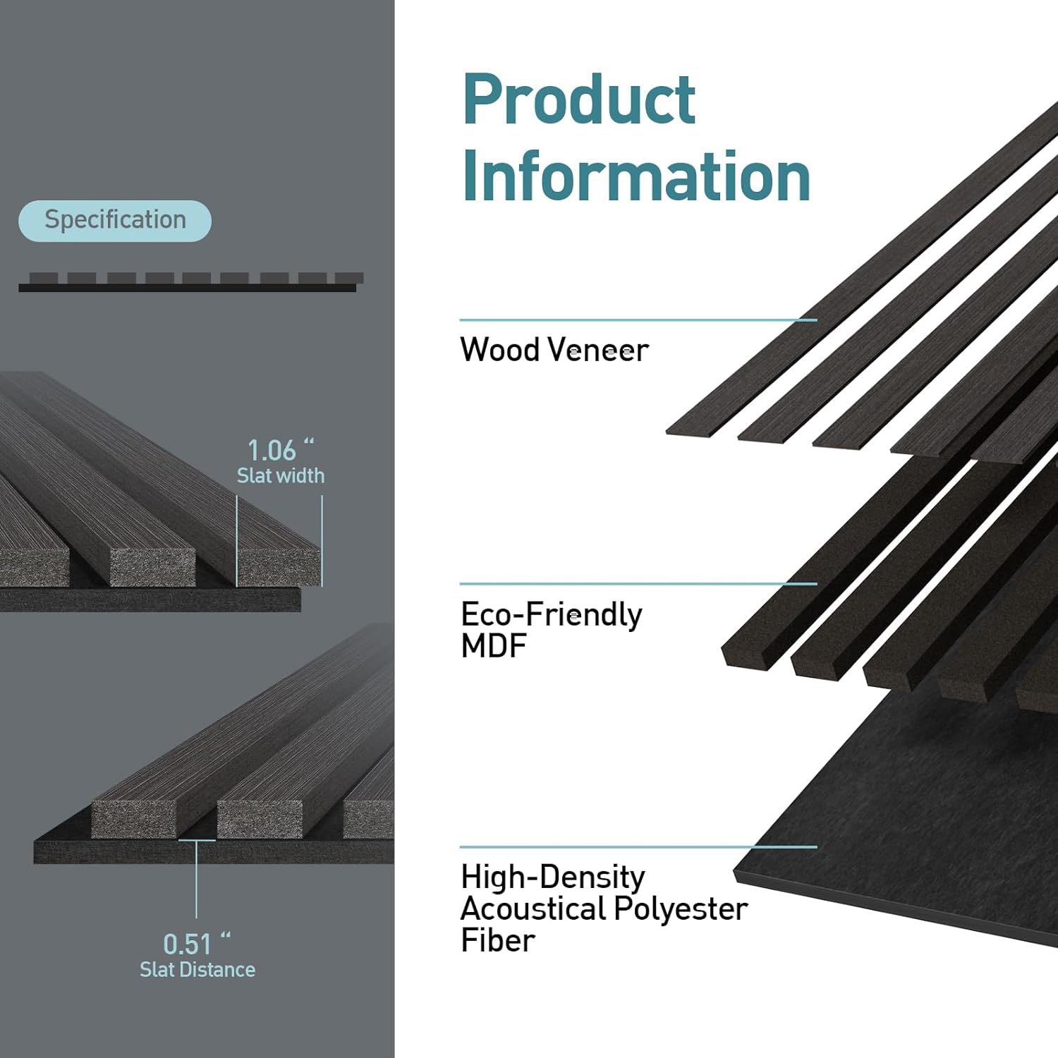 UMIACOUSTICS Wood Wall Panels, 2 PCS Diffusion Panels, 47.2" x 15.7" Sound Proof Panels for Home Office Cinema (Ebony)