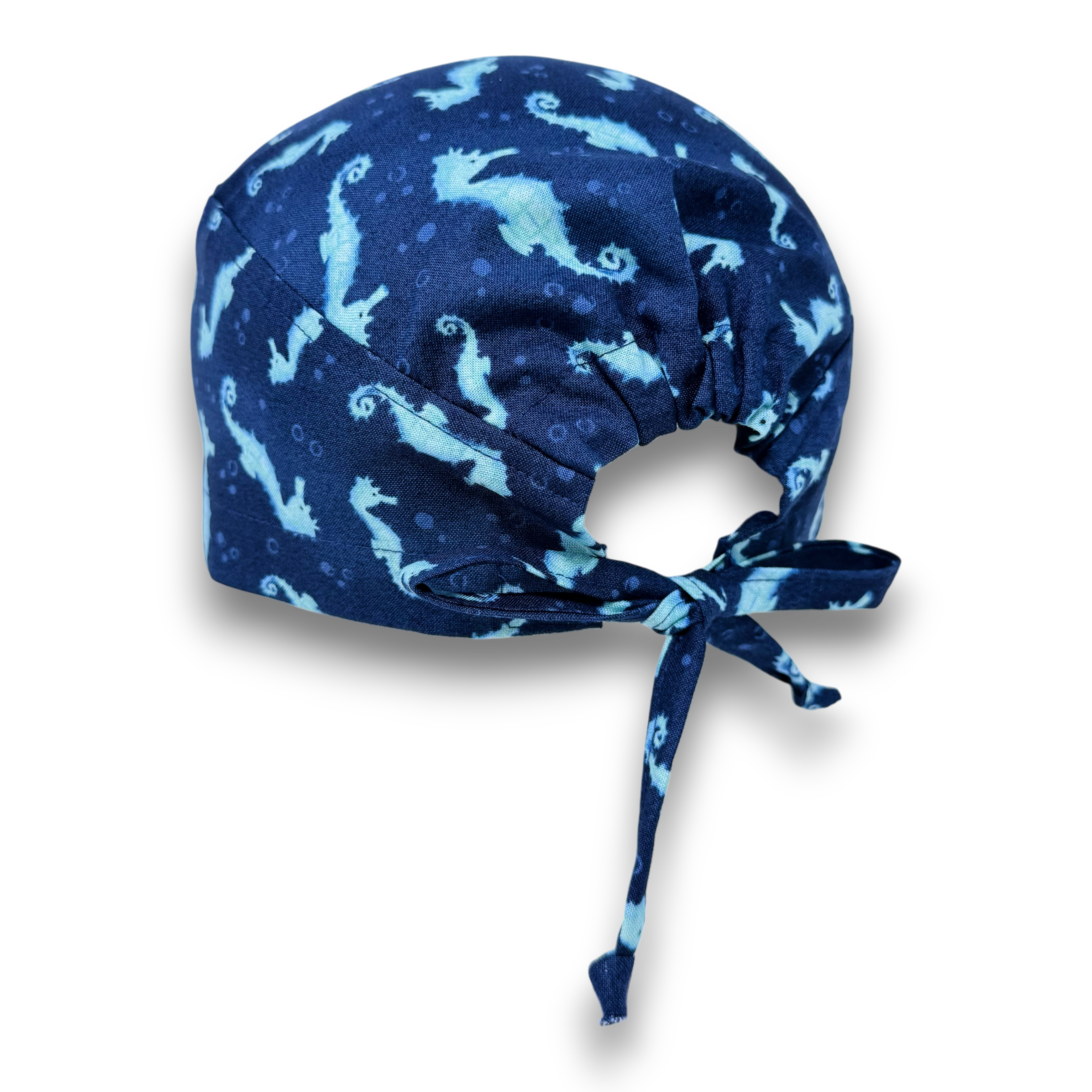 Mens Surgical scrub cap. Ocean Seahorse Print tie back scrub hat by Paradise Caps.