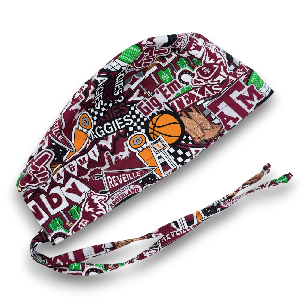 Texas Men's surgical cap. A&M skull tie-back style scrub cap by Paradise Caps.