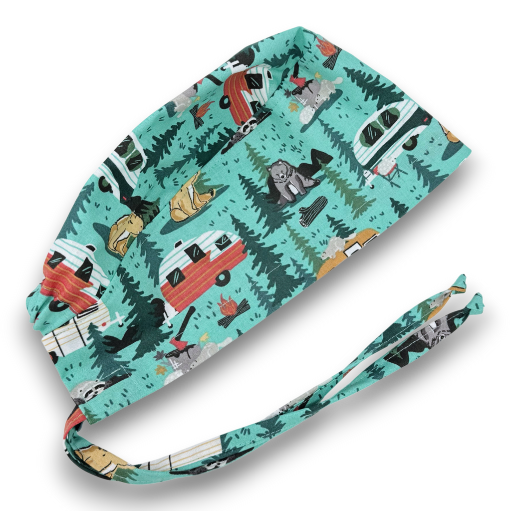 Forest Camping Skull tie-back style surgical scrub cap for men by Paradise Caps.