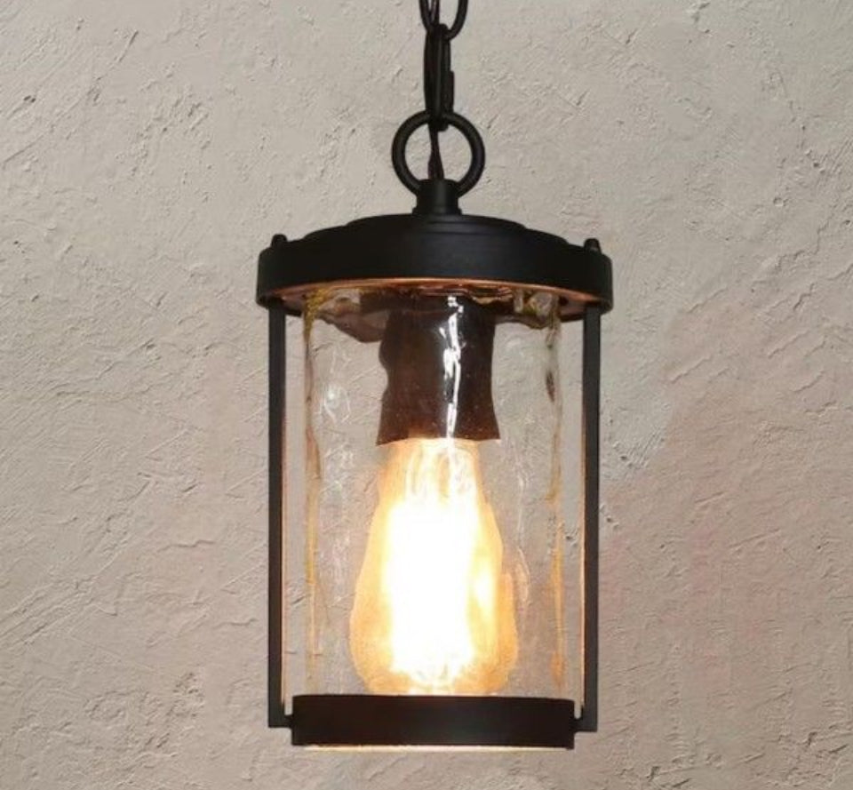 Open Box Uolfin Modern Cylinder Outdoor Porch Pendant Light 1-Light Matte Black Farmhouse Patio Hanging Light with Water Glass Shaded