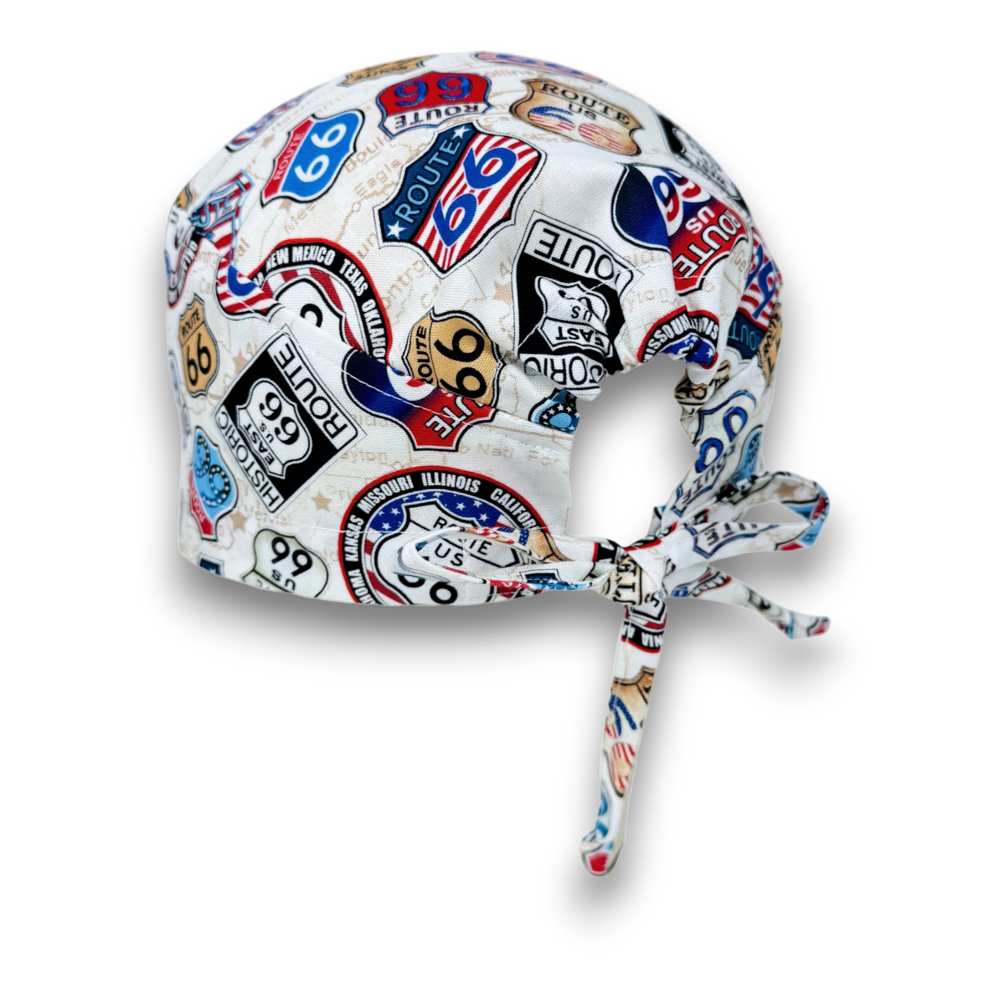 Men's surgical scrub cap. Vintage Route 66 satin lined option skull tie-back style scrub hat by Paradise Caps.